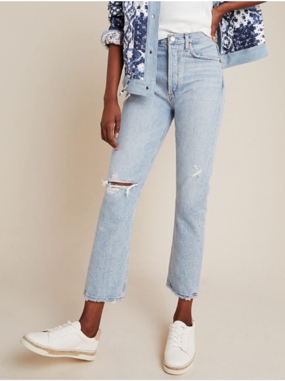 AGOLDE || Riley High Rise Straight Crop Jeans‎ Shatter Distressed Light Wash 25